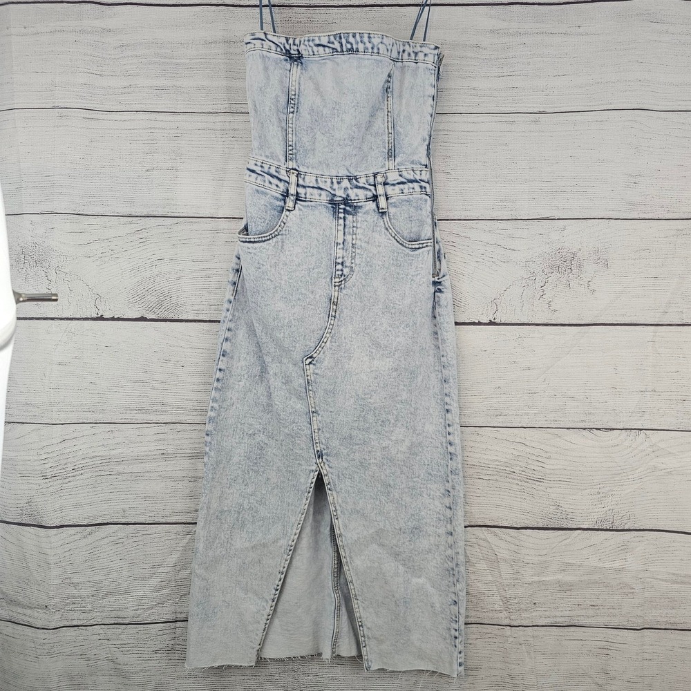 Gianni Bini Measures Small Strapless Denim Midi Dress Acid Wash Slit NWT L794